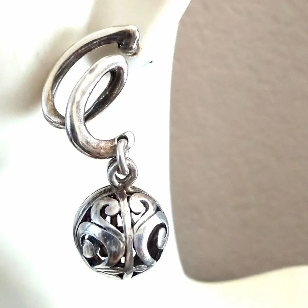 Vintage Sterling Silver Balinese Filigree Sphere Dangle Earrings